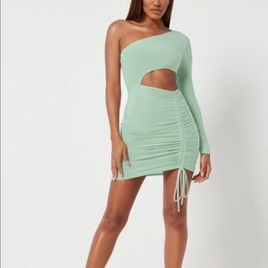 Sage Slinky One Shoulder Cut Out Mini Dress